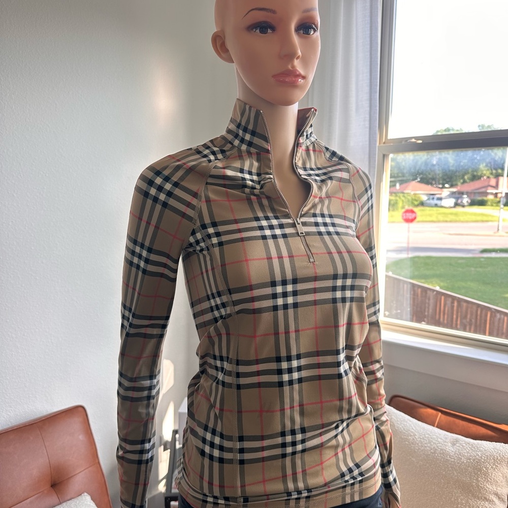 Burberry Beige Plaid Quarter-Zip Jersey Top